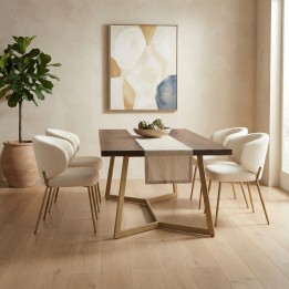 Mesa de Comedor de Madera de Mango con Base Metálica Dorada